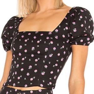 LPA Black Ditsy Floral puff sleeve top Revolve